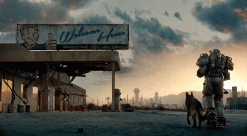 A Man Walking A Dog In Front Of A Building That Says Welcome Home GIF