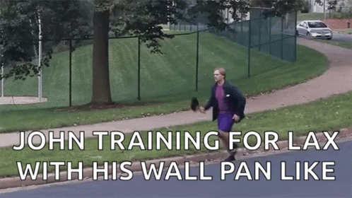A Man Walking Down A Sidewalk With The Words " John Training For Lax With His Wall Pan Like " GIF