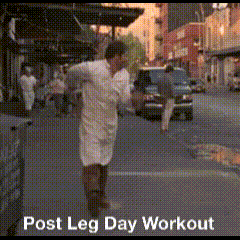 A Man Walking Down A Street With The Words Post Leg Day Workout GIF