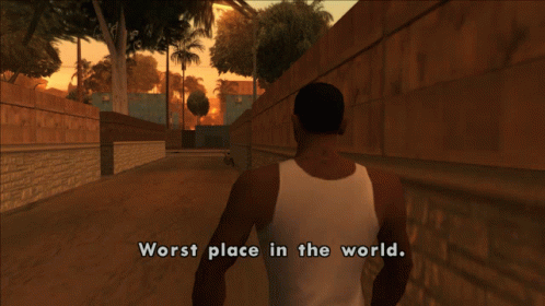 A Man Walking Down A Street With The Words Worst Place In The World On The Screen GIF