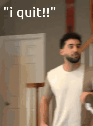A Man Walking Down Stairs With The Words " I Quit " Written Above Him GIF