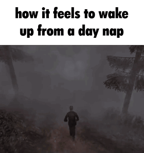 A Man Walking Through A Foggy Forest With The Words " How It Feels To Wake Up From A Day Nap " GIF