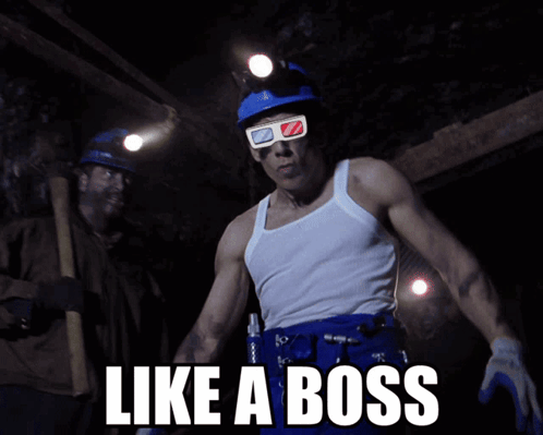 A Man Wearing 3D Glasses And A Hard Hat Says " Like A Boss " GIF