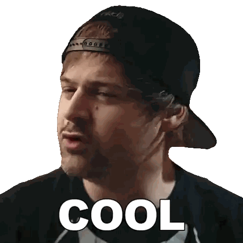 a man wearing a baseball cap and a black shirt says " cool "