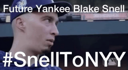 A Man Wearing A Baseball Cap Is Standing In A Dugout With The Words `` Future Yankee Blake Snell '' . GIF