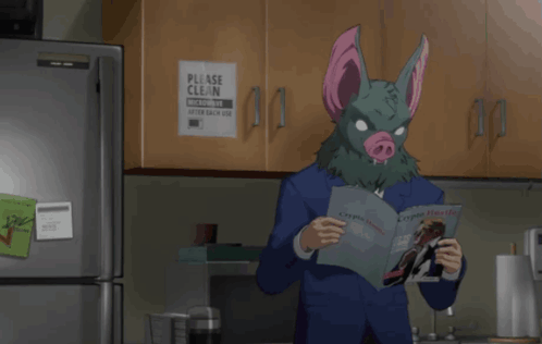 A Man Wearing A Bat Mask Reads A Magazine In Front Of A Sign That Says Please Clean GIF