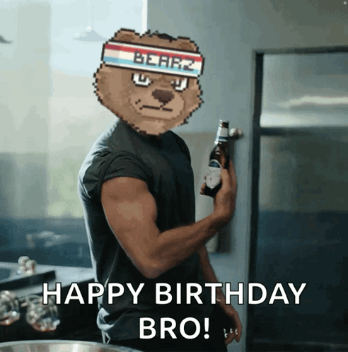 A Man Wearing A Bear Headband Holds A Bottle Of Beer And Says " Happy Birthday Bro " GIF