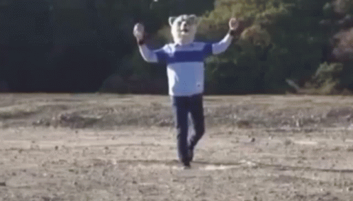 A Man Wearing A Bear Mask Is Running In A Field . GIF