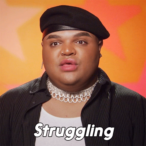 A Man Wearing A Beret And A Choker Has The Word Struggling Above His Head GIF