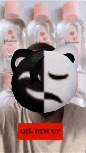 A Man Wearing A Black And White Mask With A Mustache Is Standing In Front Of Bottles Of Johnsons Baby Oil GIF