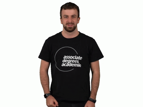 a man wearing a black associate degrees academie t-shirt