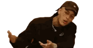 a man wearing a black hat and a black jacket with a logo on it