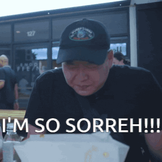 a man wearing a black hat says " i 'm so sorreh "