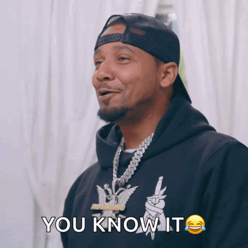 A Man Wearing A Black Hoodie And A Hat Is Saying You Know It GIF