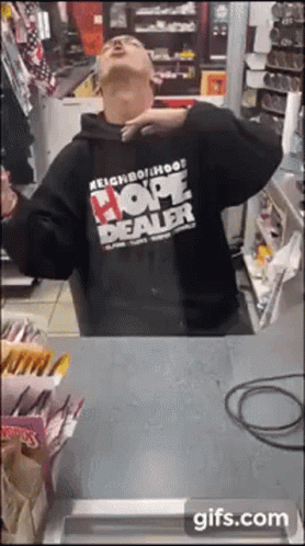 A Man Wearing A Black Hoodie That Says Hope Dealer On It GIF