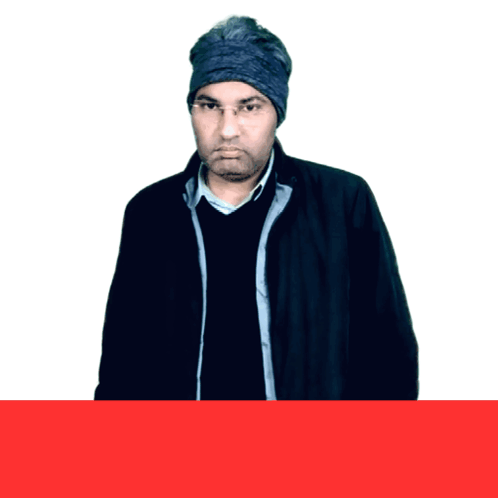 A Man Wearing A Black Jacket And A Headband Stands In Front Of A White Background GIF