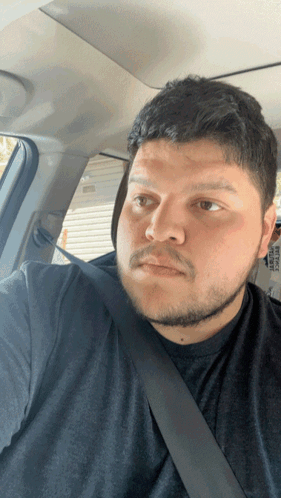 A Man Wearing A Black Shirt And A Black Seat Belt Looks At The Camera GIF