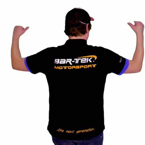 A Man Wearing A Black Shirt That Says Bar-Tek Motorsport On The Back GIF