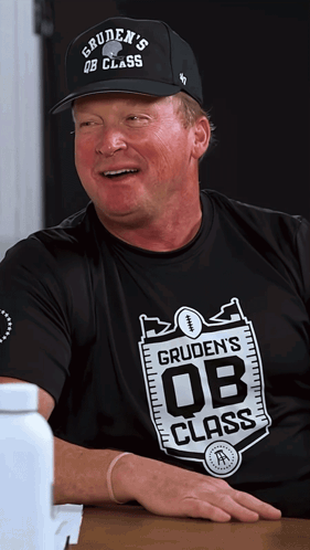 A Man Wearing A Black Shirt That Says Gruden 'S Ob Class On It GIF