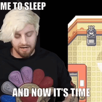 A Man Wearing A Black Shirt That Says Me To Sleep And Now It 'S Time On It GIF