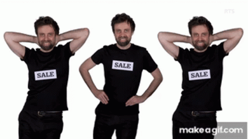 A Man Wearing A Black Shirt That Says Sale On It GIF