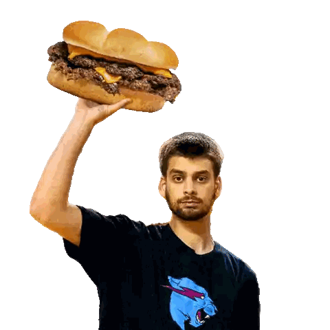 a man wearing a black shirt with a blue panther on it holds up a hamburger over his head