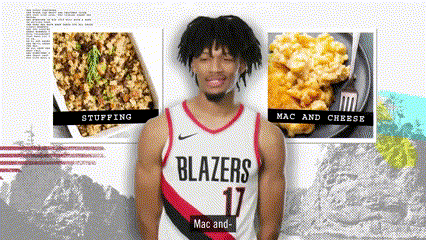 A Man Wearing A Blazers Jersey Stands In Front Of A Collage Of Food GIF