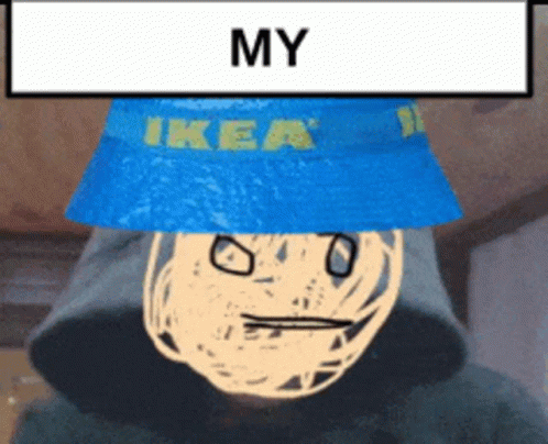 a man wearing a blue bucket hat with ikea written on it