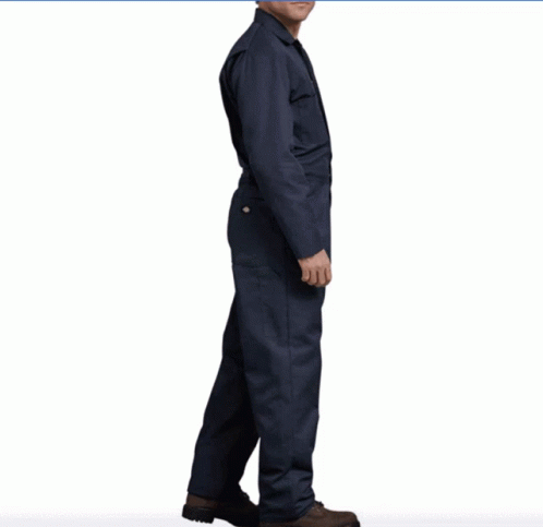 A Man Wearing A Blue Coveralls With Brown Shoes GIF