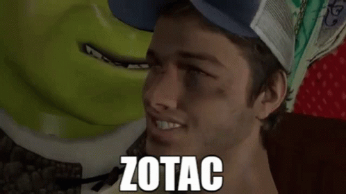 A Man Wearing A Blue Hat Is Smiling Next To Shrek And The Word Zotac Is On His Face GIF