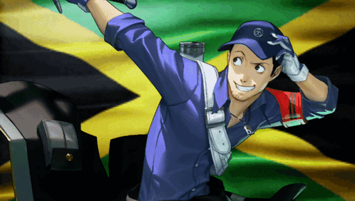 A Man Wearing A Blue Shirt And A Hat With A Circle On It GIF