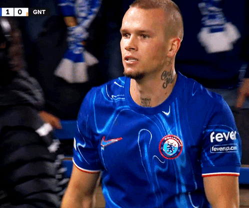 A Man Wearing A Blue Shirt That Says Fever On The Sleeves GIF