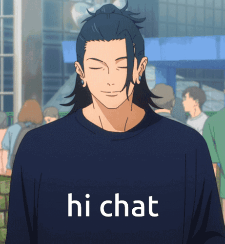 A Man Wearing A Blue Shirt That Says Hi Chat On It GIF