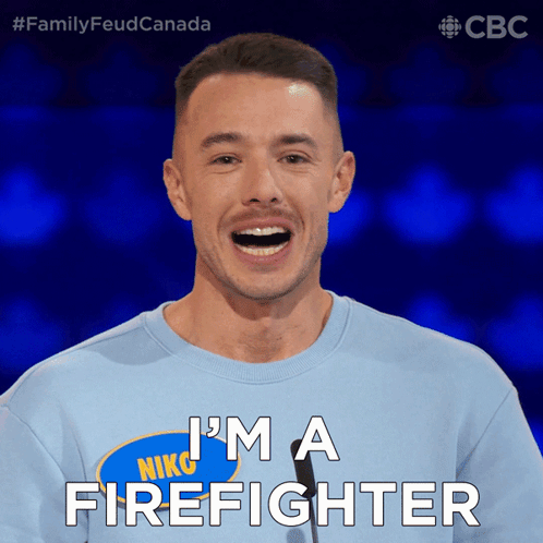 A Man Wearing A Blue Shirt That Says I 'M A Firefighter On It GIF