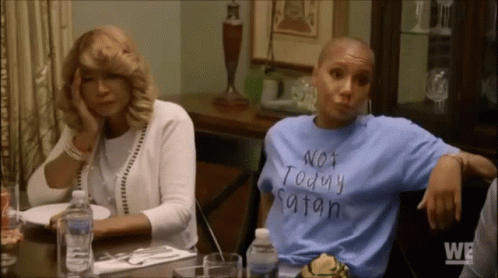 A Man Wearing A Blue Shirt That Says Not Today Satan GIF