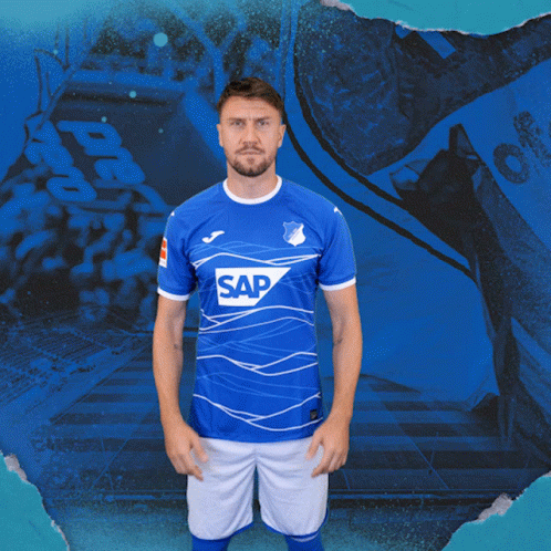 A Man Wearing A Blue Shirt That Says Sa On It GIF