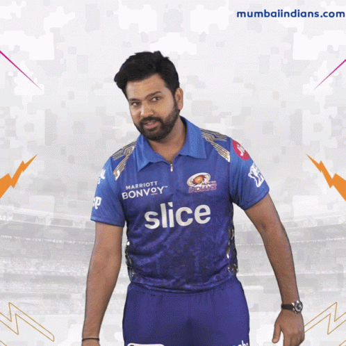 A Man Wearing A Blue Shirt That Says Slice GIF