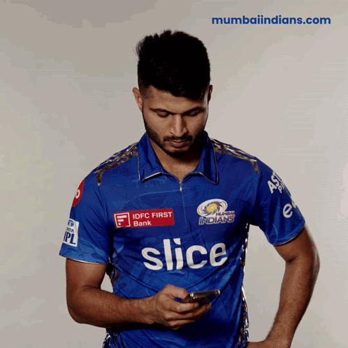 A Man Wearing A Blue Shirt That Says Slice GIF