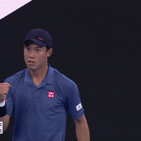 A Man Wearing A Blue Shirt That Says Uniqlo On The Sleeve GIF