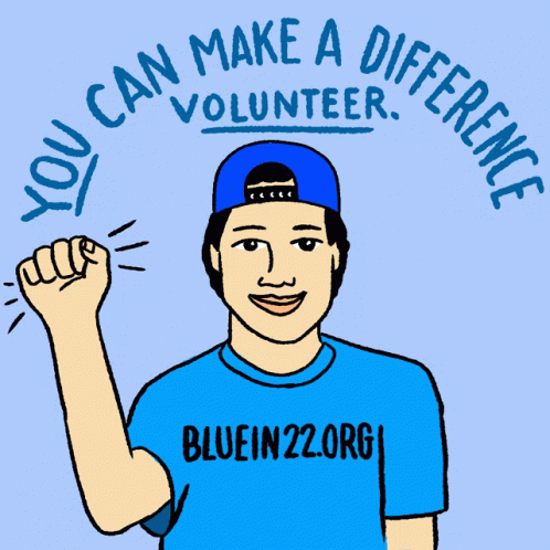 A Man Wearing A Blue Shirt That Says " You Can Make A Difference Volunteer " GIF