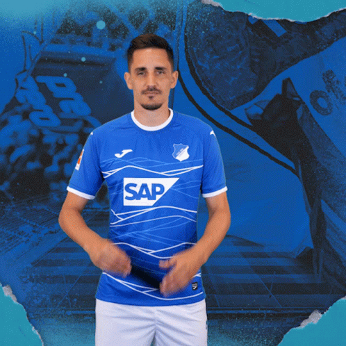 A Man Wearing A Blue Shirt With Sap On It GIF