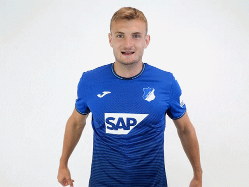 A Man Wearing A Blue Shirt With Sap On It GIF