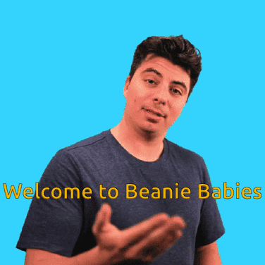 A Man Wearing A Blue Shirt With The Words Welcome To Beanie Babies On It GIF