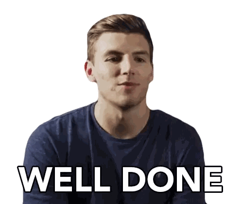 a man wearing a blue shirt with the words well done written below him