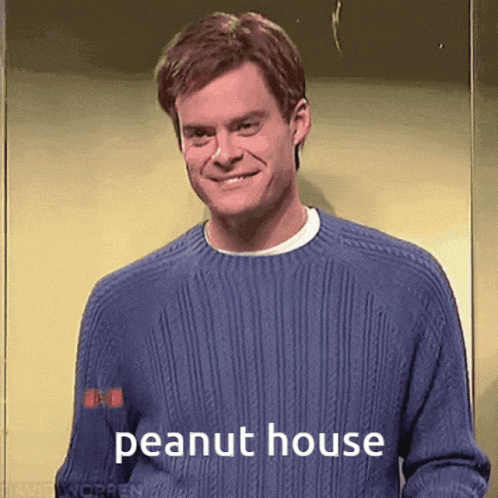 A Man Wearing A Blue Sweater With The Words Peanut House On It GIF