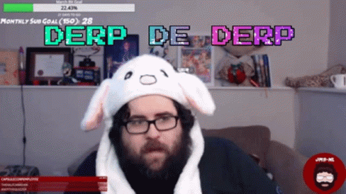 A Man Wearing A Bunny Hat With The Words Derp De Derp On The Top GIF