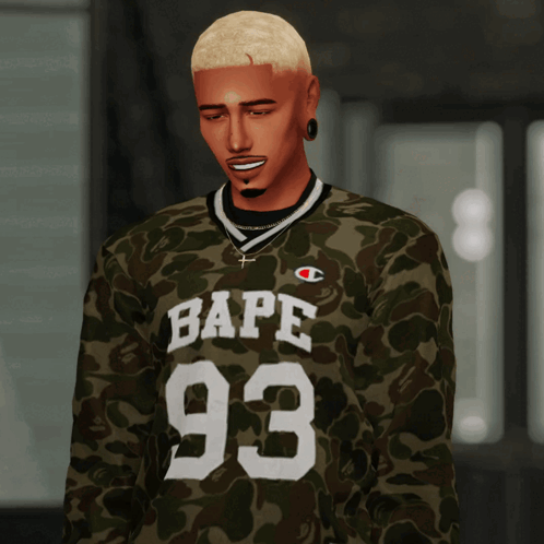 A Man Wearing A Camo Shirt With Bape 93 On The Front GIF