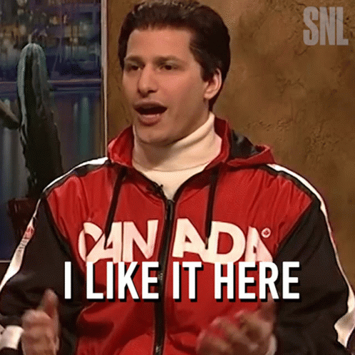 A Man Wearing A Canada Jacket Says " I Like It Here " GIF