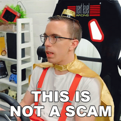 A Man Wearing A Cape And A Crown Says This Is Not A Scam While Sitting In A Chair GIF