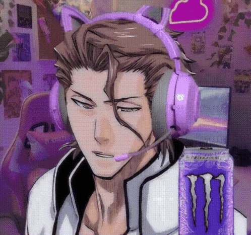 A Man Wearing A Cat Ear Headset Is Next To A Monster Energy Drink GIF